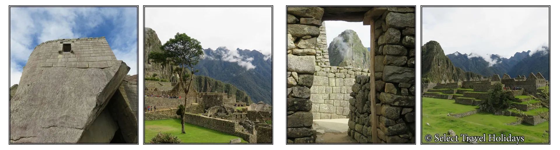 A collage of four pictures of mountains and buildings in Peru