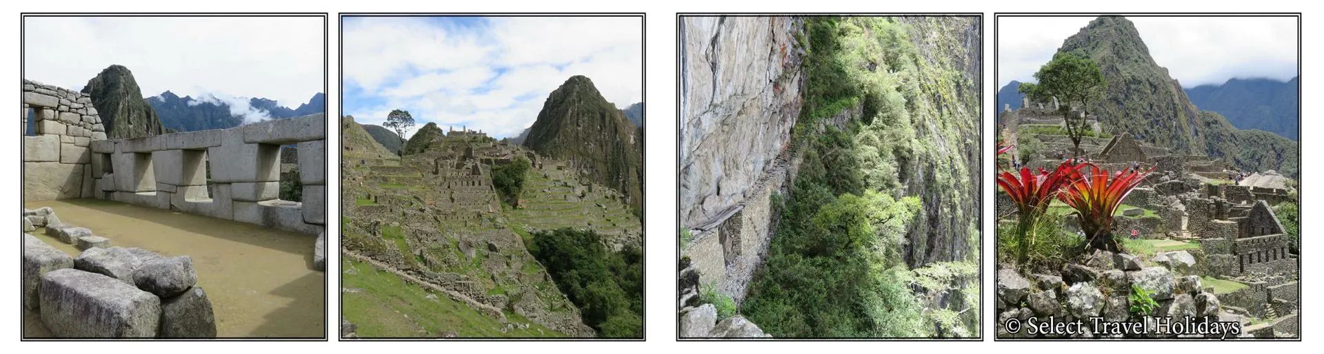 A collage of four pictures of mountains and trees and the Inca Bridge