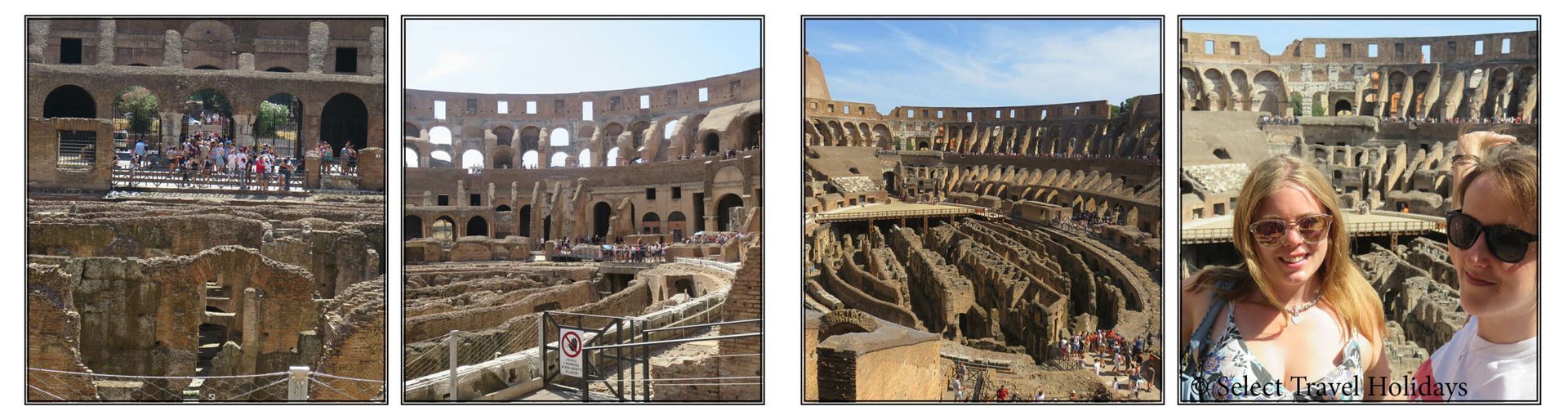 Four pictures of a woman standing in front of a building on an urban adventures tour