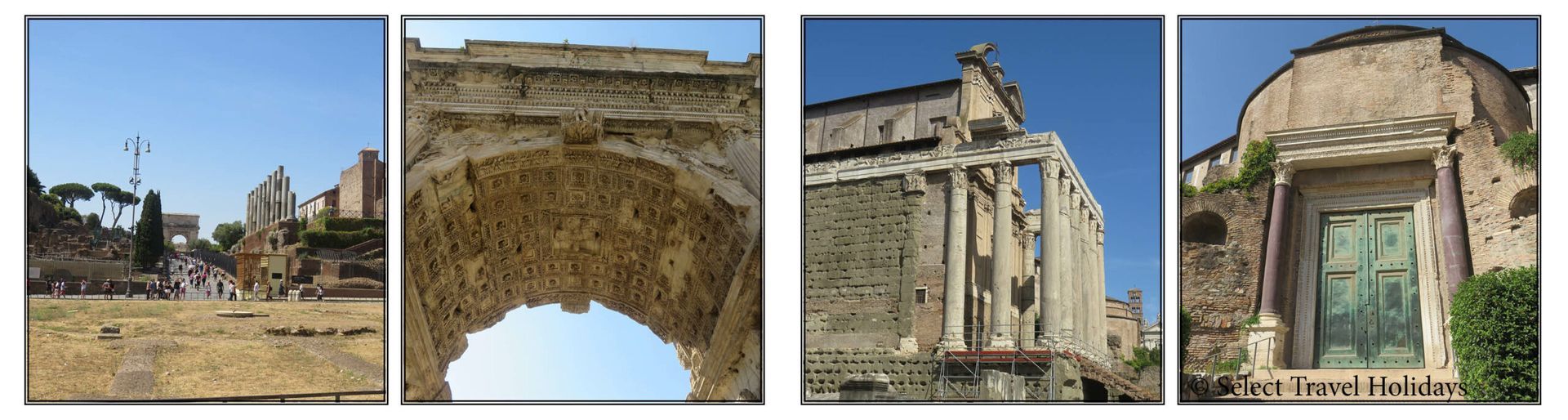 A collage of four pictures of ancient roman buildings on an urban adventures tour