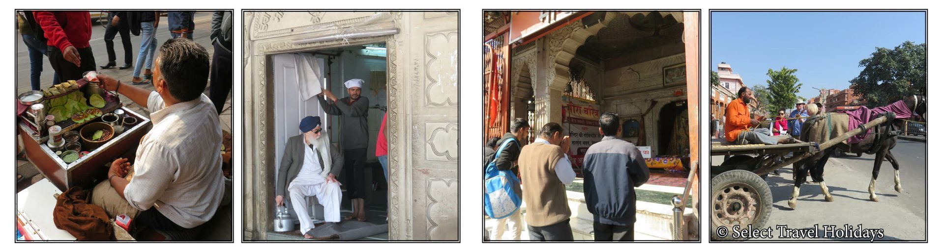 A man is sitting in an elevator and a group of people are walking down a street.