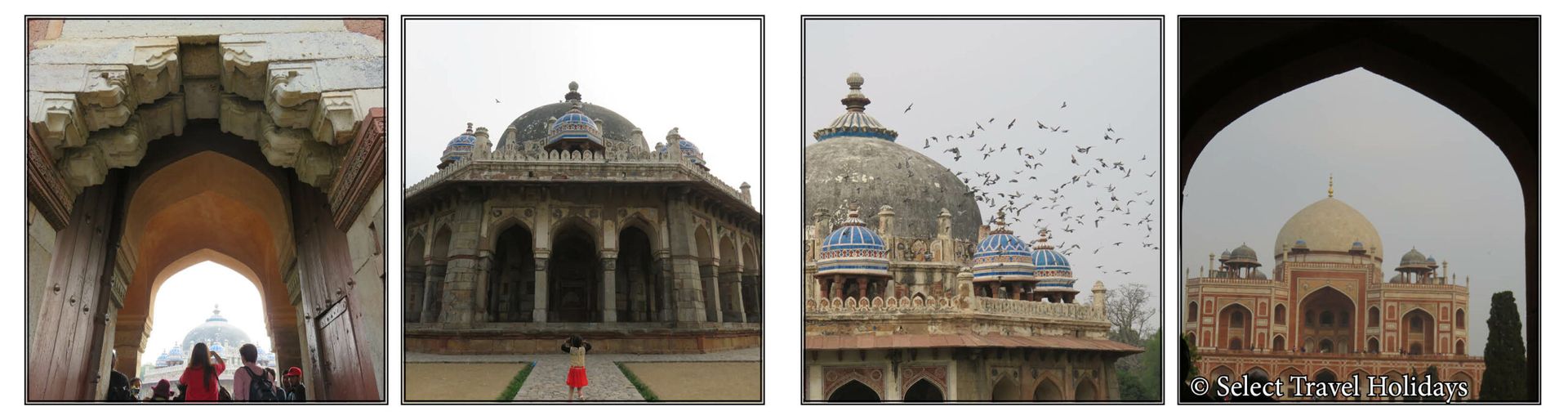 A collage of four pictures of buildings with birds flying in the background