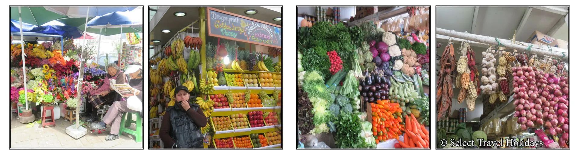 A collage of four pictures of a flower and food  market in Lima