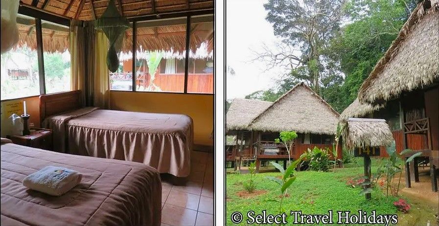 A room with two beds and a thatched roof at G Lodge Amazon