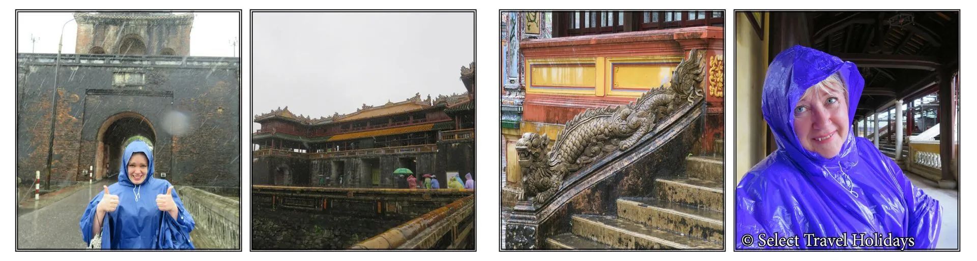 Four photos: person in blue raincoat near stone gate, building in rain, ornate stairs, person in blue raincoat.