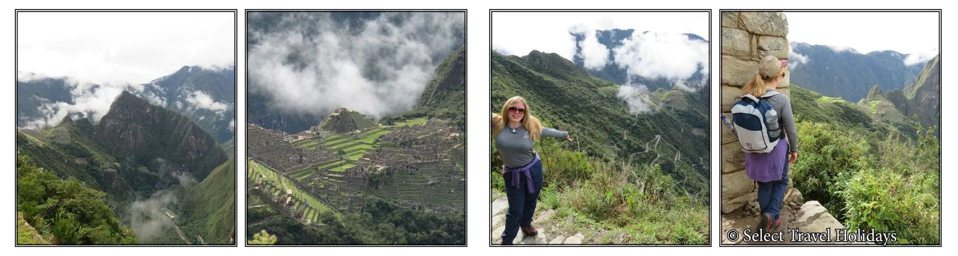 Four pictures of a woman standing on top of a mountain in Peru