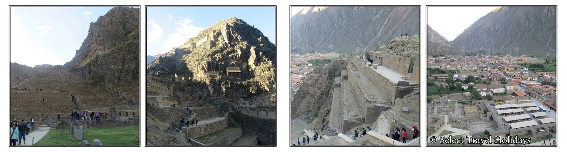 A collage of four pictures of mountains and Ollantaytambo, Peru 