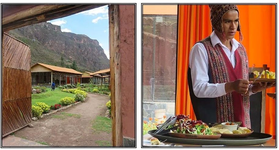 A man is holding a tray of food in front of a mountain at Huchuy Qosqo Community Project