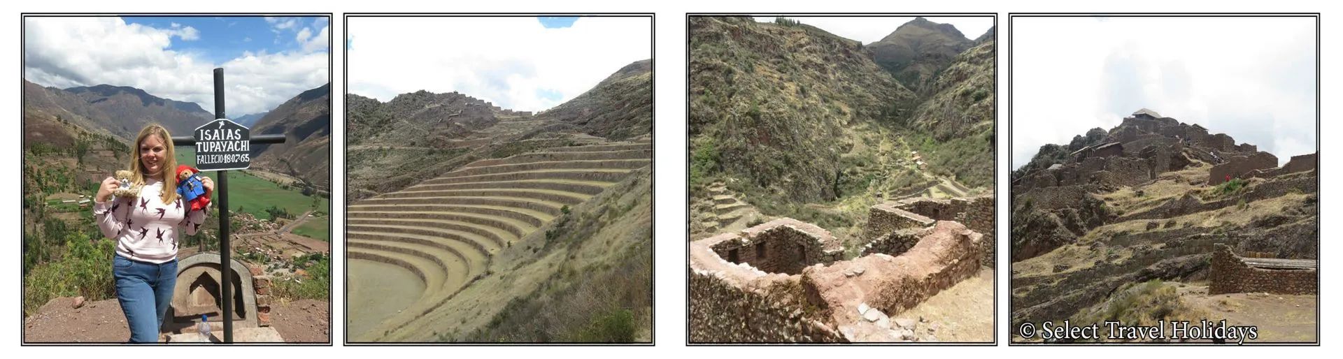 A woman is standing in front of a sign in the mountains at Pisac Village, Peru