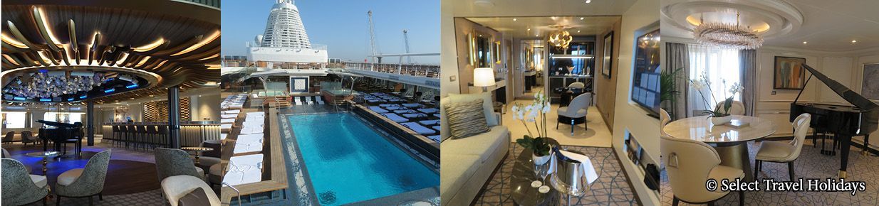 a collage of photos of Seven Seas Splendor  with a swimming pool and a suite