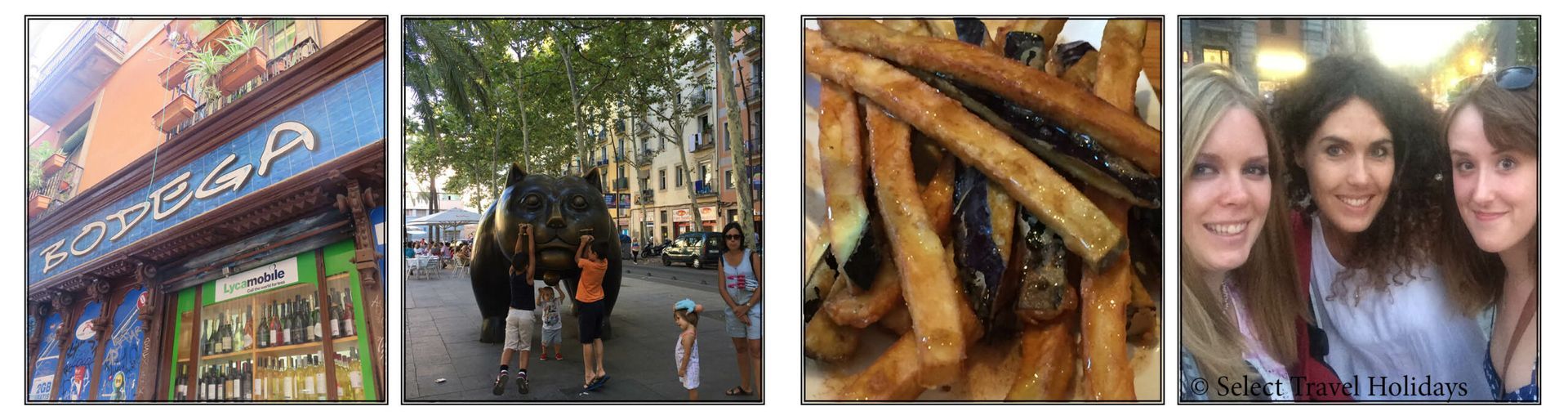 A collage of four pictures of people walking down a street in barcelona on an urban adventures tour