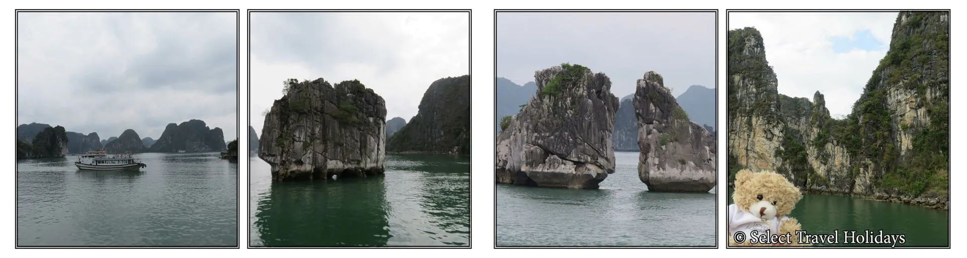 Four photos of Halong Bay. Boats and limestone karsts on green water under a cloudy sky. A teddy bear is in the last photo.