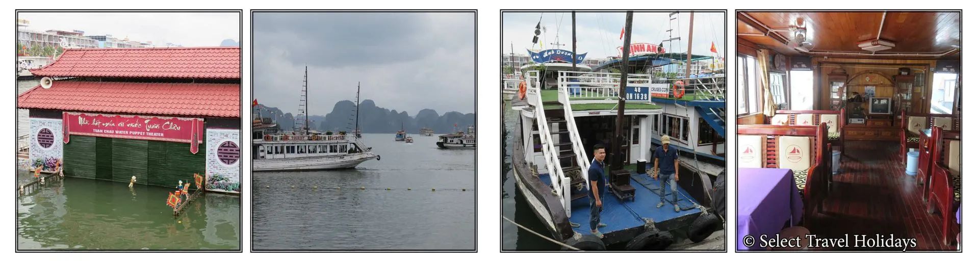 Four images showing boats, water, and interiors, possibly in a coastal area.