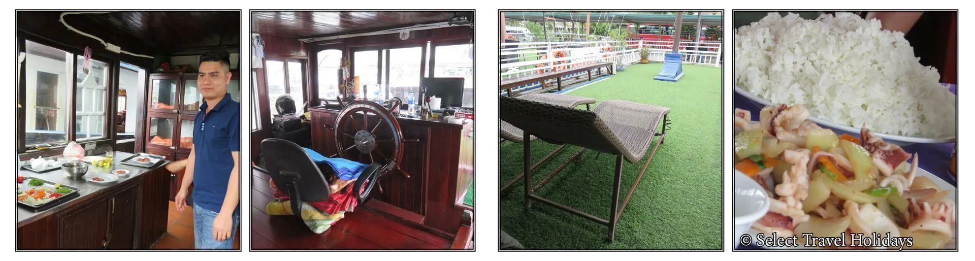 Four small images: interior of a boat, boat steering wheel, outdoor seating area, plate of food with rice.