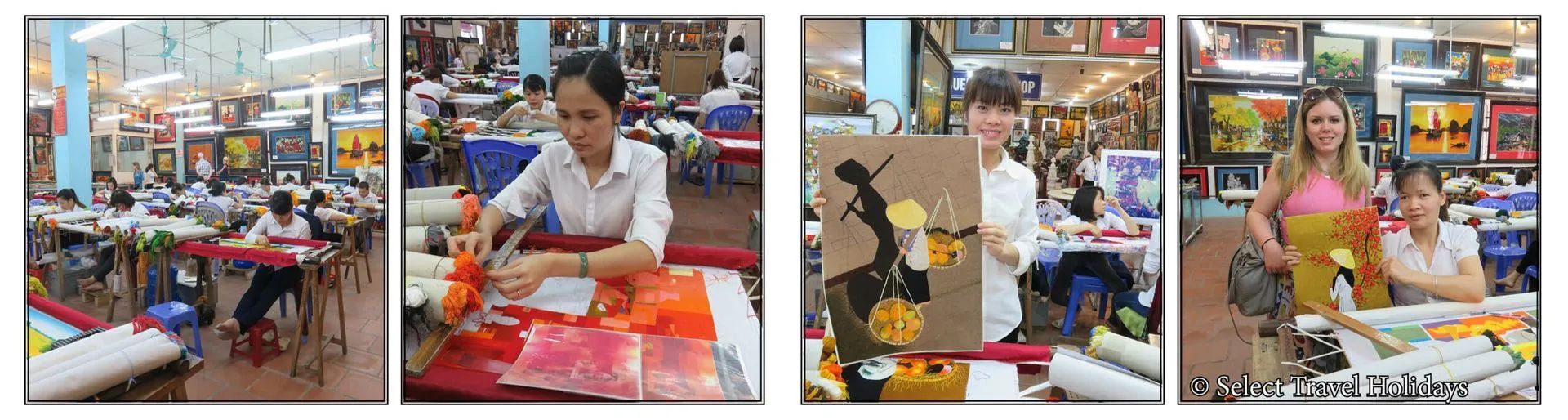 Four photos of people working on art projects at tables.