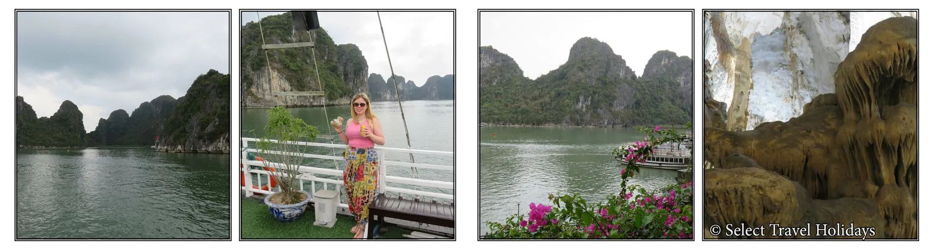 Four photos of a scenic landscape and cave. One has a woman holding a fishing rod.
