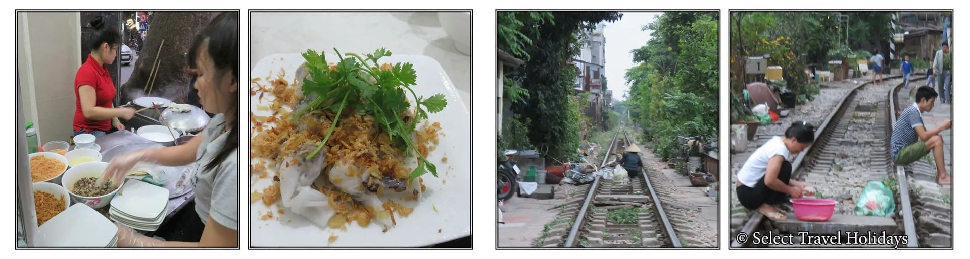 Four scenes: food preparation, a dish of food, railroad tracks through trees, and people near tracks.