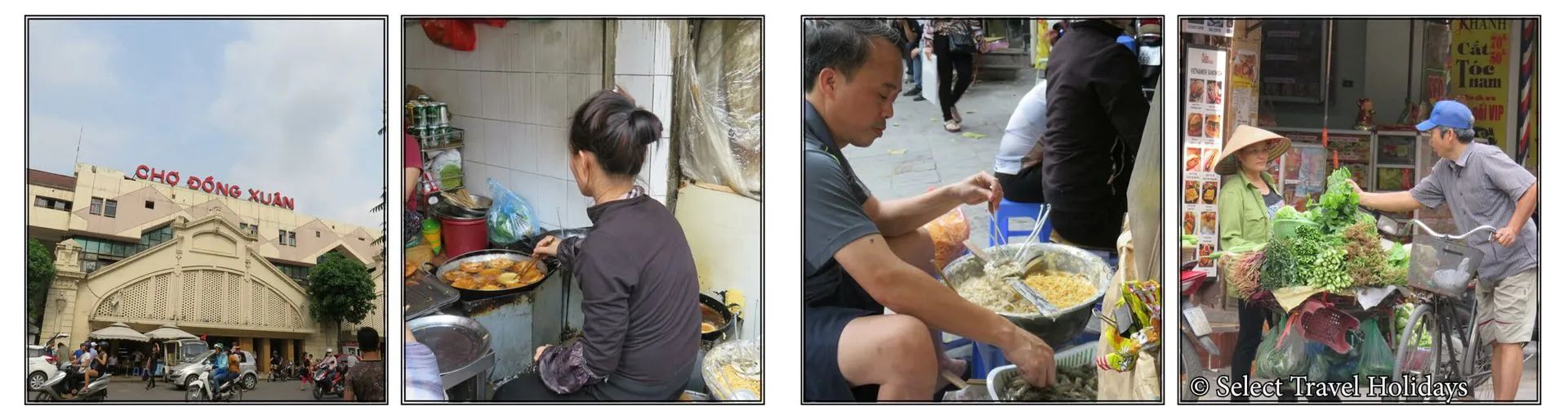 Scenes from a bustling outdoor market in Vietnam: buildings, food vendors, and people buying and selling goods.