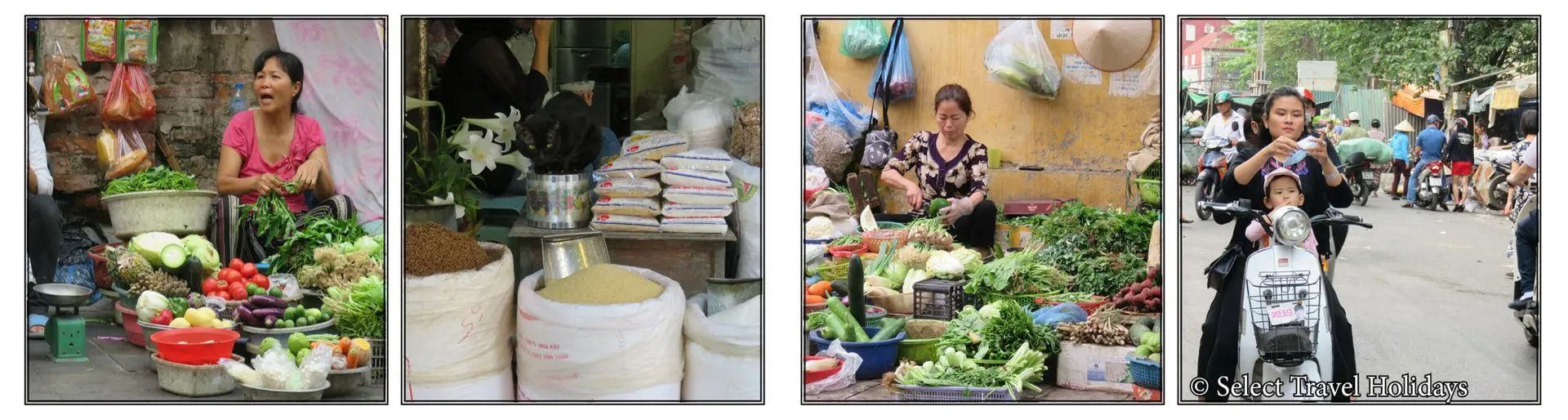 Four scenes: a market vendor; a market stall with bags; a market vendor; a scooter on a busy street.
