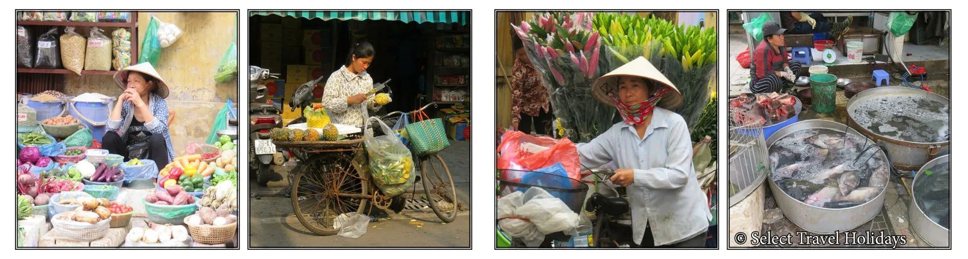 Four market vendors wearing conical hats, selling flowers, produce, and fish.