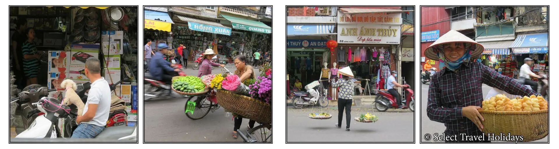 Four street scenes in Vietnam: people on bikes, vendors selling food.