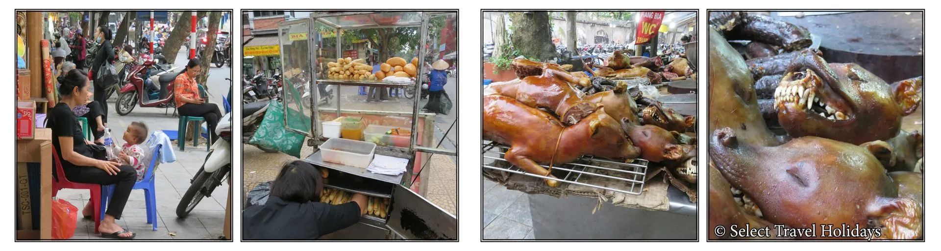 Four photos: woman with child, street food cart with baked goods, grilled pigs, and roasted pig close-up.