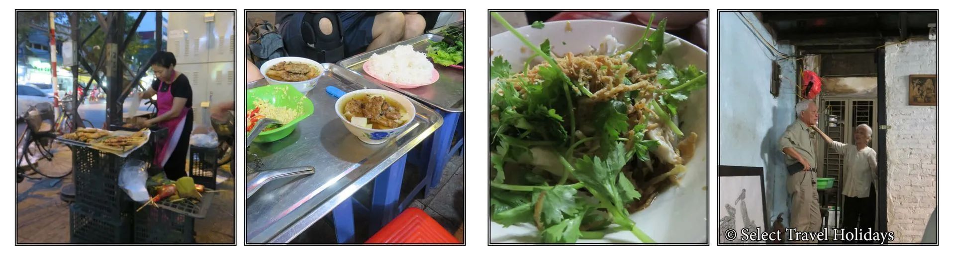 Four images of Vietnamese food: a street vendor, prepared ingredients, a salad, and people at a doorway.