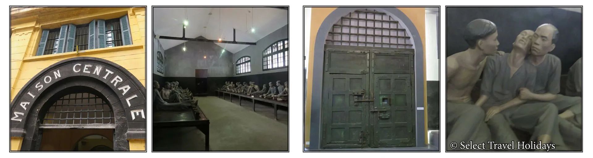 Four images showing prison scenes: exterior building, interior waiting area, large door, and men.