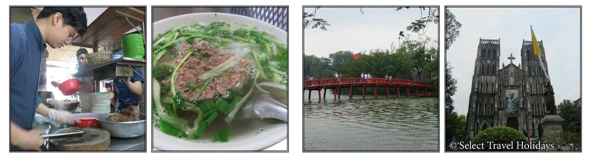 Four images: a chef, soup, a bridge over water, and a cathedral.