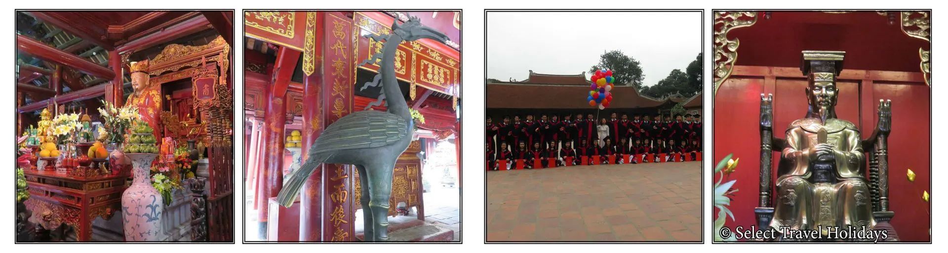 Four photos: Interior temple, bird statue, ceremony with people, statue inside temple.