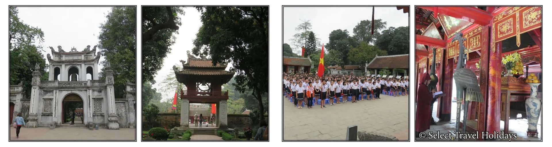 Four photos of a pagoda with arched entrances and students gathered outside. A shrine interior is also shown.