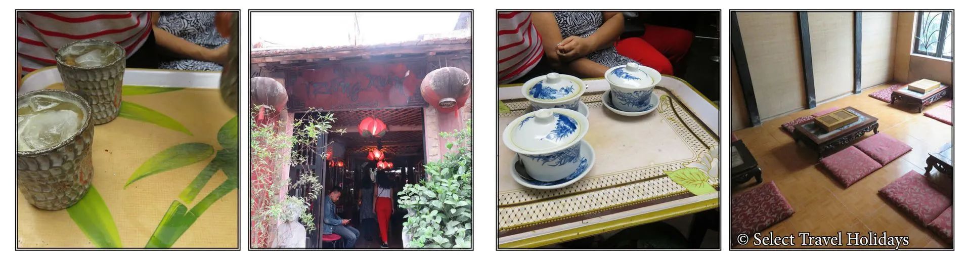 Four images showcasing tea-related scenes: glasses, a decorated building, teacups, and a room with cushions.
