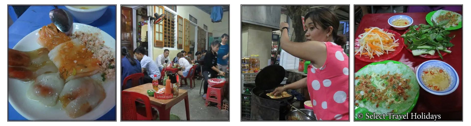 Four small photos: food, people eating in a restaurant, a woman cooking, and a table of food.