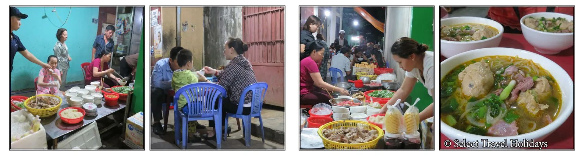 People eating at a street food stall. Women preparing and serving the food, a bowl of soup close up.