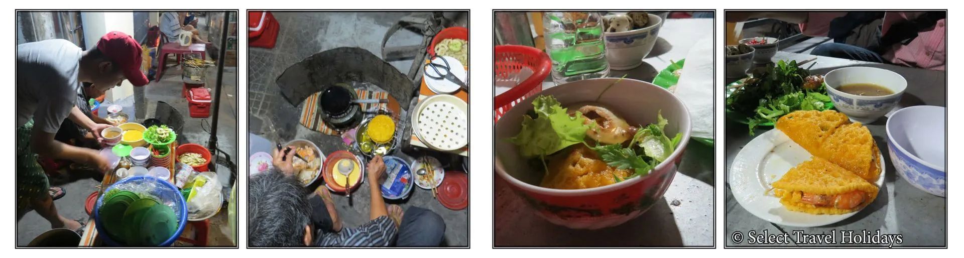 Four side-by-side photos of food preparation and meals, including a person cooking, soup, and a taco-like dish.