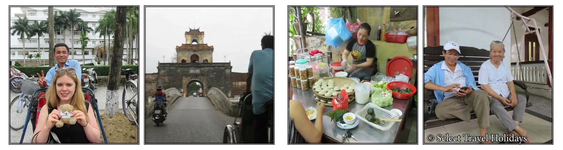 People sightseeing in Vietnam: a cyclo ride, a gate, a food stall, and people sitting.