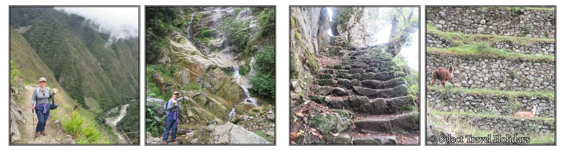 A collage of four pictures of a person standing on a mountain walking the Inca trail