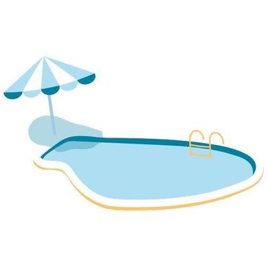 Una piscina con sombrilla y escaleras.