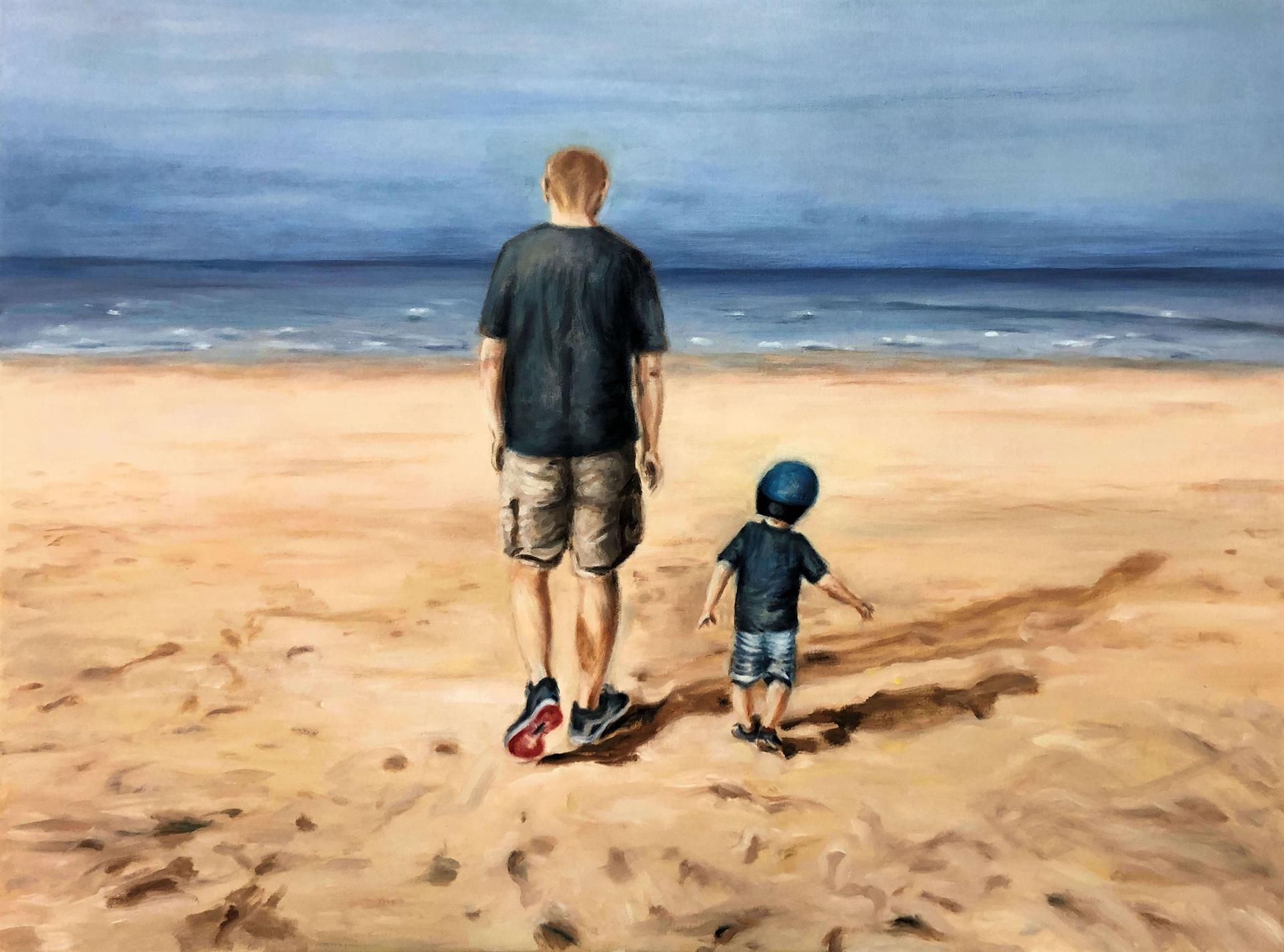 Ein Gemälde von einem Mann und einem Kind, die am Strand spazieren gehen