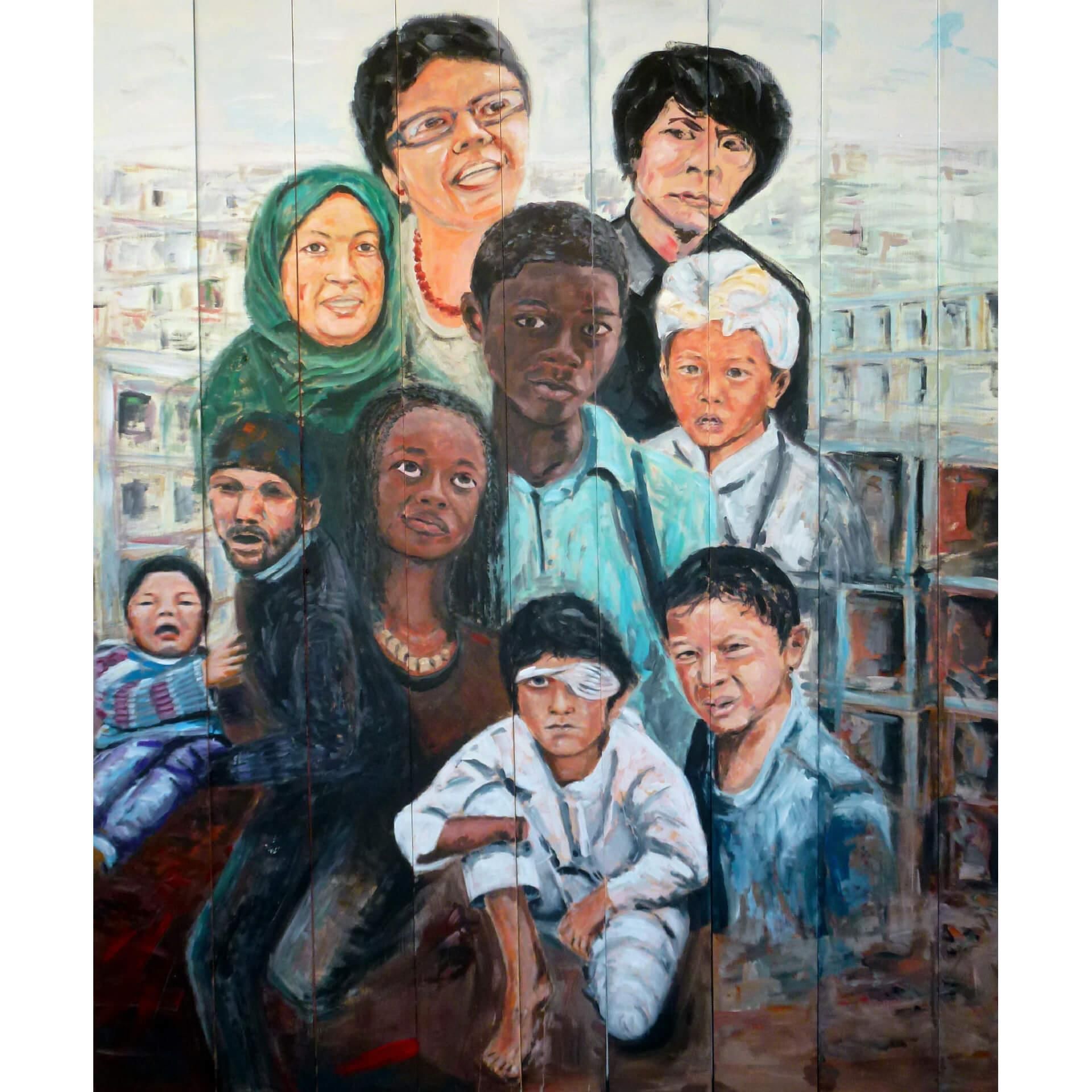 Ein Gemälde einer Gruppe von Menschen, darunter ein Junge mit einem Verband am Auge