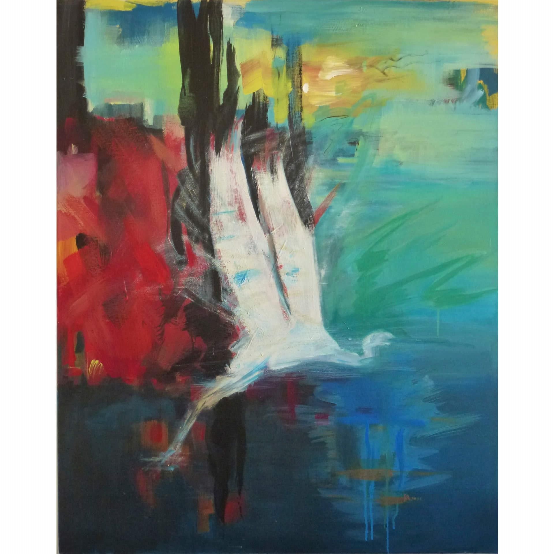 Ein Gemälde eines Vogels, der über ein Gewässer fliegt