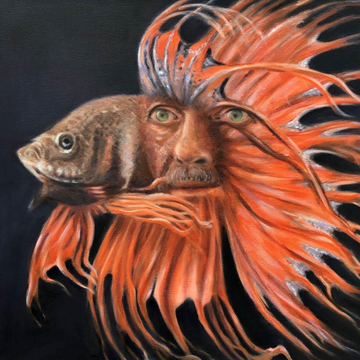 Ein Gemälde eines Fisches mit einem Gesicht darauf