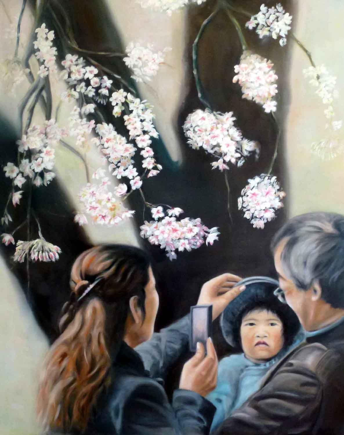 Ein Gemälde einer Familie die ein Foto von einem Kind macht