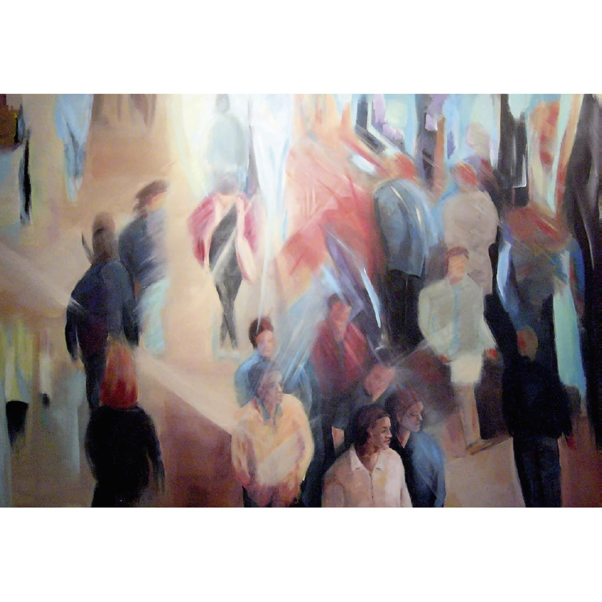 Ein Gemälde einer Menschenmenge, die eine Straße entlang geht