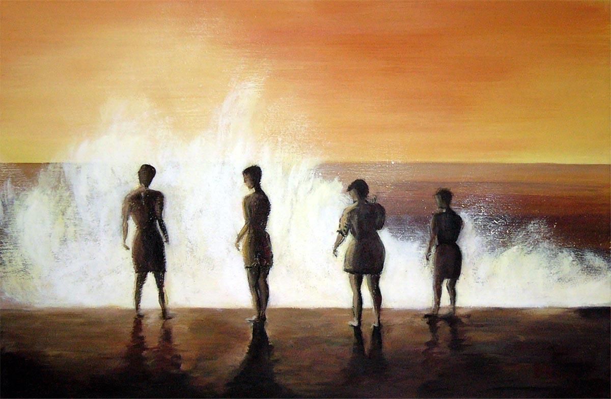 Ein Gemälde von vier Menschen, die vor einer großen Welle stehen