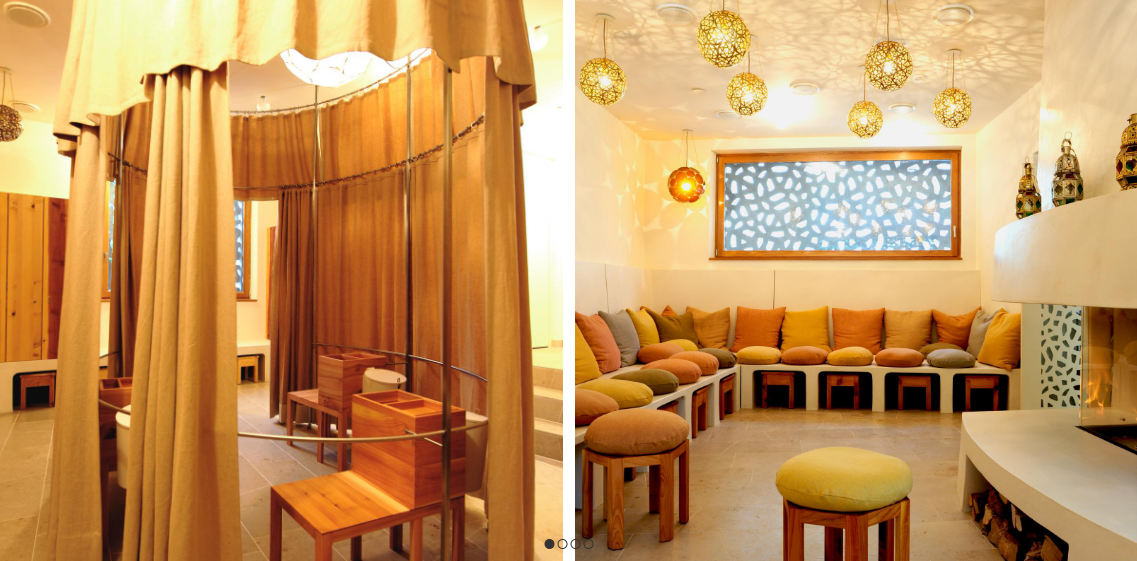 Zwei Bilder von einem Zimmer mit Couch und Hockern.