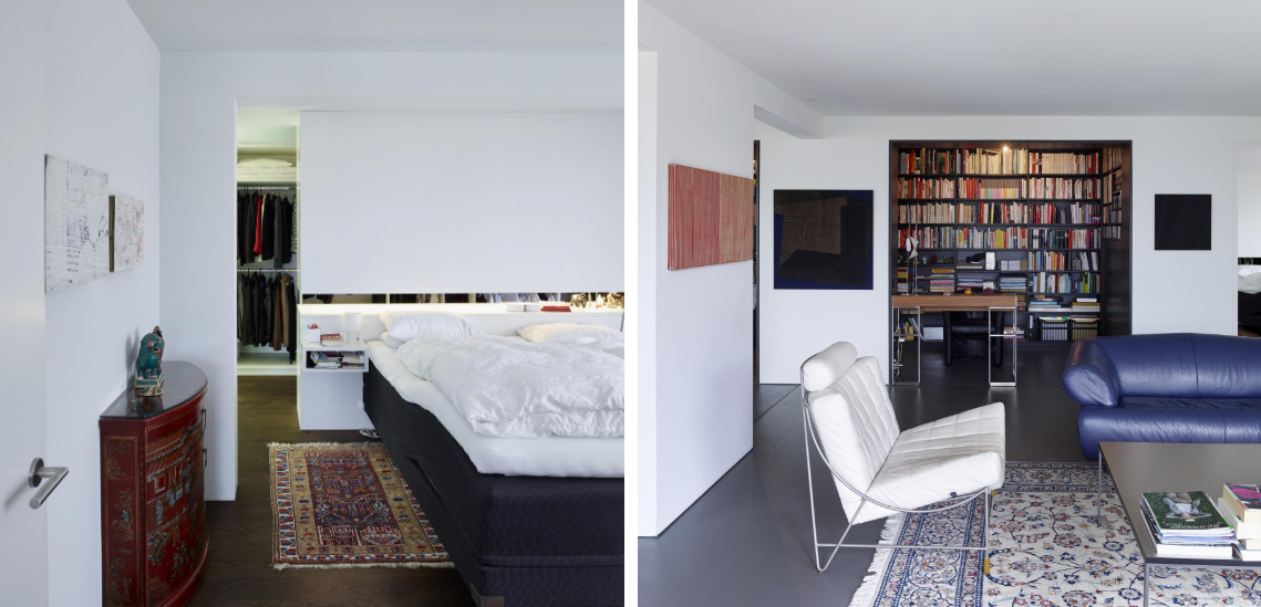 Ein Schlafzimmer und ein Wohnzimmer mit einer blauen Couch.