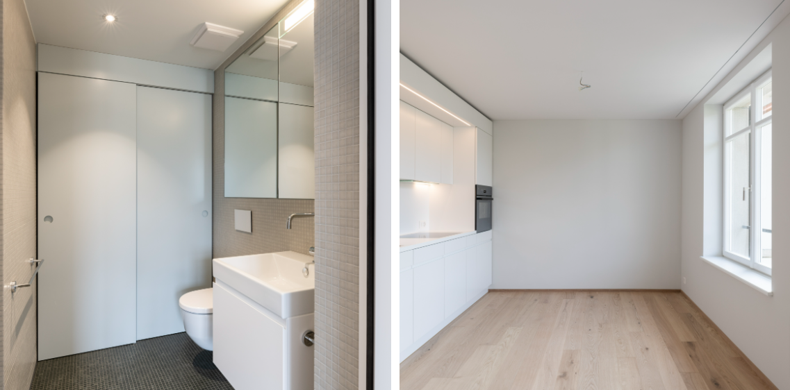 Ein Badezimmer und ein Schlafzimmer sind nebeneinander dargestellt.