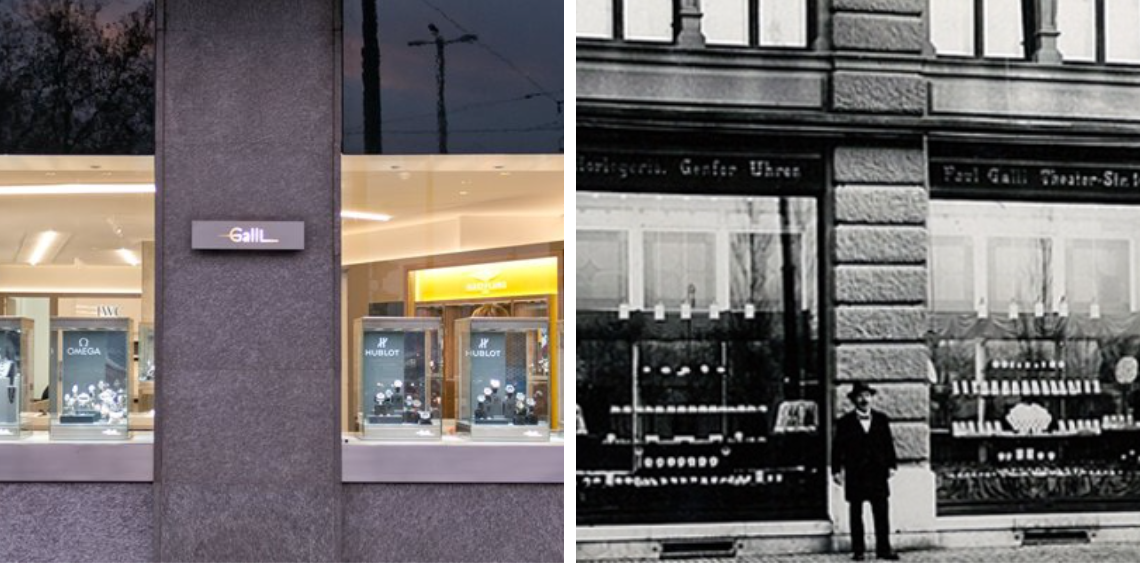 Ein Schwarzweißfoto eines Juweliergeschäfts