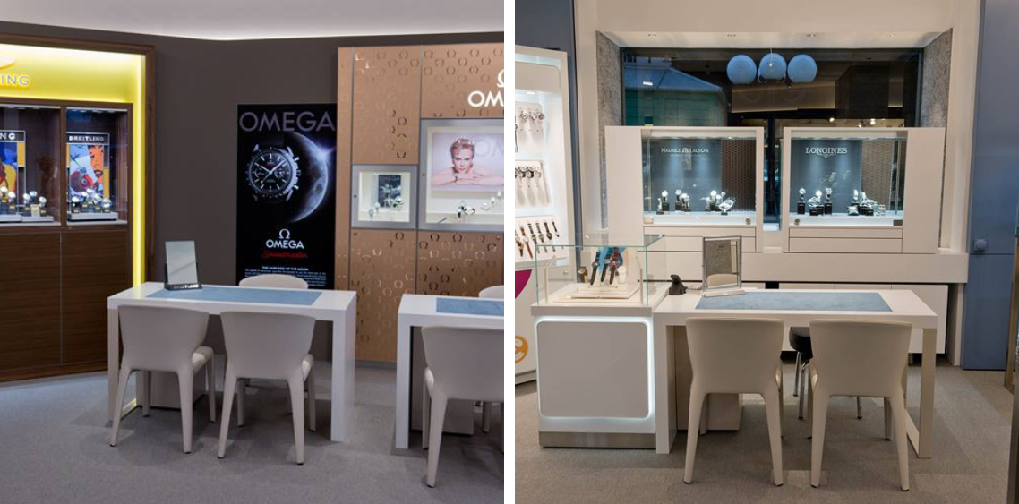 Zwei Bilder von einem Juweliergeschäft mit Tischen und Stühlen.